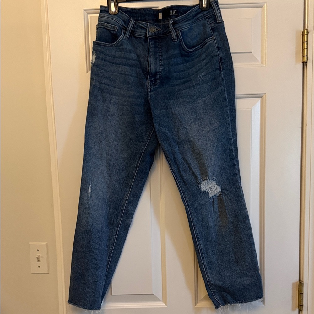 Kut from the Kloth Dark Blue cropped Boyfriend Jeans. Perfect condition.